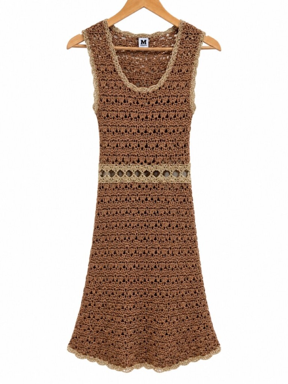 M Missoni Brown Crochet Knit Sleeveless Dress with Gold Metallic Trim — Size 4